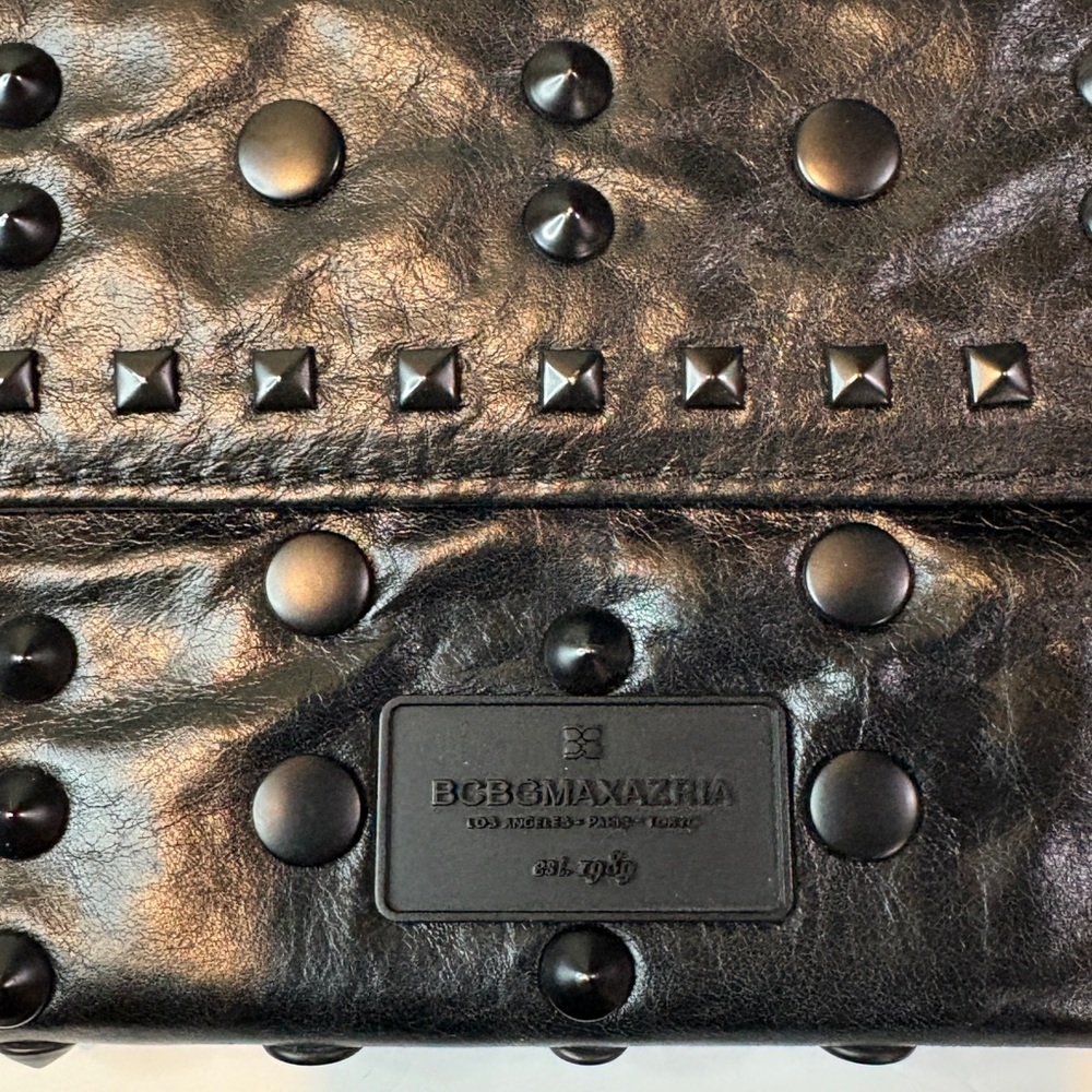 BCBGMaxAzria Black Studded Leather Fold-Over Clutch/Wristlet Rock Chic Bag - Picture 4 of 9